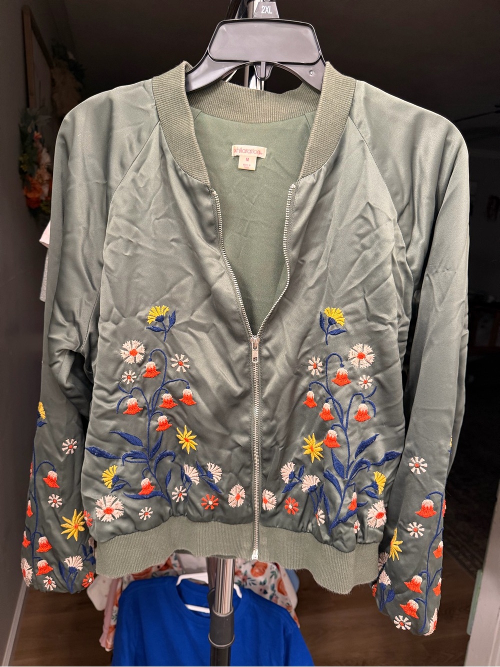 Xhilaration Olive Green Floral Embroidered Bomber Jacket